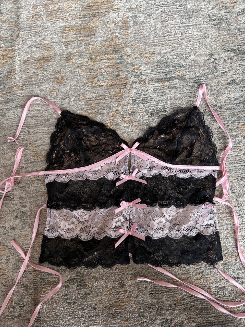 Edikted Black Lace Crop Bralette with Pink Ribbon Trim